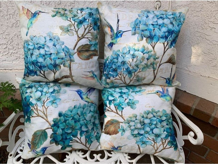 Beautiful Blue Hydrangea &Hummingbirds pillow Covers 18x18” Set of 4 Linen, Outdoor/Indoor