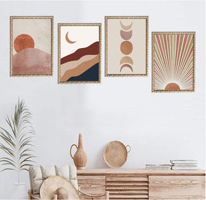 Sunset Sunrise Landscape Art Boho Sun and Moon Wall Art Painting Set of 4, 8x10 Canvas Picture