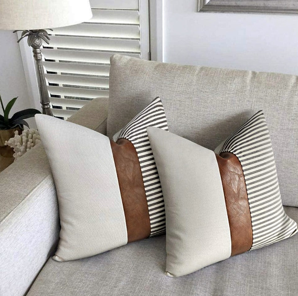😻🐶 Set of 2 Farmhouse Decor Stripe Patchwork Linen Throw Pillow Covers