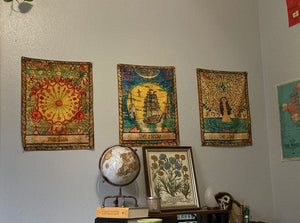 Vintage Tarot Tapestry Set of 4 Witch Astrology Zodiac Boho Retro Decor Wall Hanging