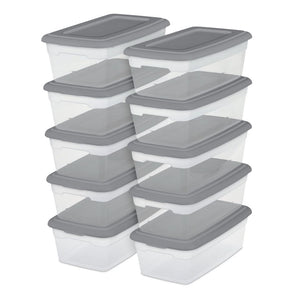 10 Pcs Sterilite Set of (10) 6 Qt. Clear Plastic Storage Boxes with Gray Lids