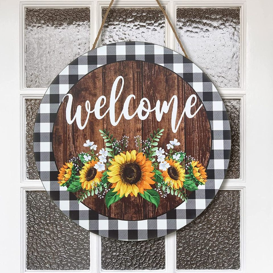 Rustic Sunflower Buffalo Plaid Welcome Hanging Sign 12x12 inches