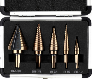 5 PCS Cobalt Coated Step Drill Bit Kit with Aluminum Case - Multiple Hole Cut 50 Sizes Drill Tool
