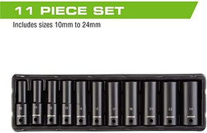 1/2 Inch - Drive Deep Impact Socket Set, Metric, 10mm - 24mm, Cr-V (11-Piece)