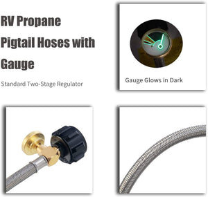 15 inch RV Propane Hoses with Gauge, Stainless Steel Braided Camper Tank Hose (2 Packs)