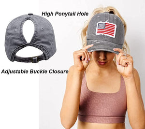 Ponytail Hat for Women American-Flag Pony Tail Caps High Bun