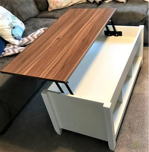 Real Solid Wood Lift-Top Coffee Table With 3-Tier Open Bottom Shelf, Wide Secret Storage, Oak/White