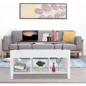 Real Solid Wood Lift-Top Coffee Table With 3-Tier Open Bottom Shelf, Wide Secret Storage, Oak/White