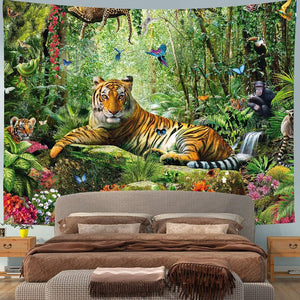 King of The Forest Tiger Tapestry Forest Animal Wall Hanging Tropical Rainforest Landscape Wall Art 60"x 40"