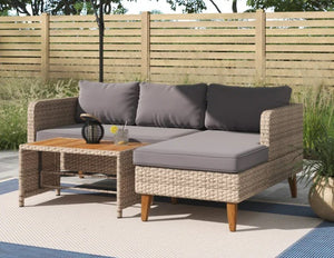 Modular Wicker Sofa Set 3pcs Outdoor Patio Sectional Cushioned Wood Table Top **Brand New**