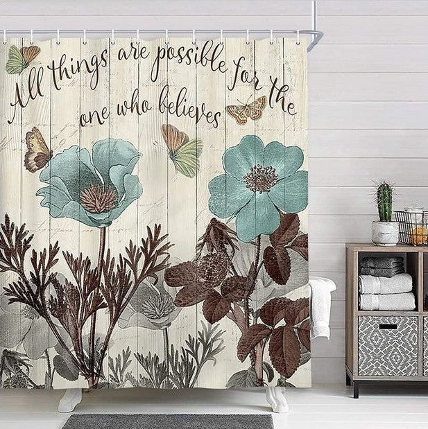 Rustic Brown and Teal Fabric Bath Curtains Retro Beige Wooden Accessory Sets (72X72in)