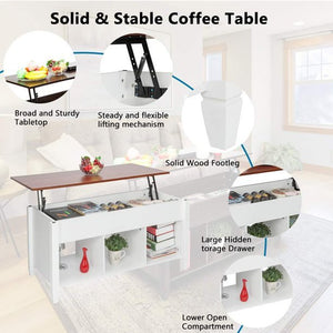 Real Solid Wood Lift-Top Coffee Table With 3-Tier Open Bottom Shelf, Wide Secret Storage, Oak/White