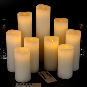 Set of 9 Flameless, Battery Operated Pillar LED Candles with Remote & Timer
