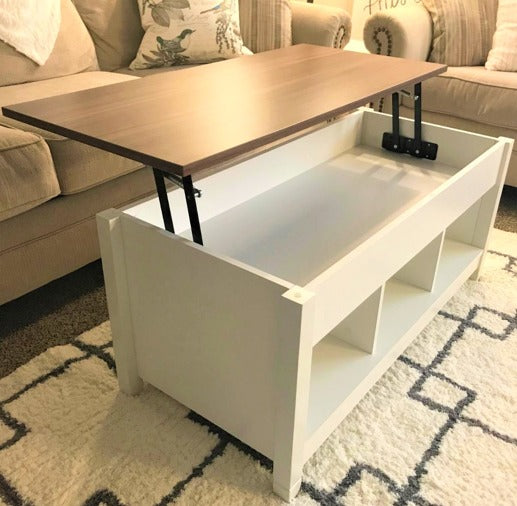 Real Solid Wood Lift-Top Coffee Table With 3-Tier Open Bottom Shelf, Wide Secret Storage, Oak/White