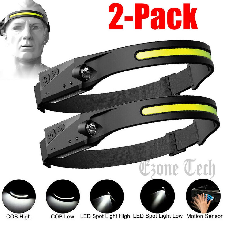 🔥SALE🔥 2Pack COB LED Headlamp Headlight Band Torch Flashlight USB Rechargeable Waterproof