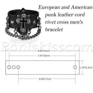 Men's Black Rock Metal Rivet Spike Cross Leather Bangle Cuff Bracelet Wristband
