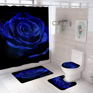 💦Set of 4 Royal Blue Rose Shower Curtain with Curtain Non-Slip Bath Rugs and Toilet Carpet