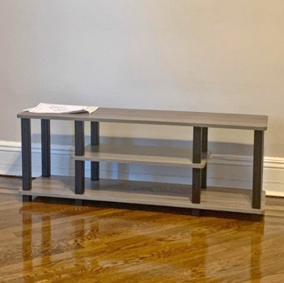 3-Tier Entertainment TV Stand up to 50in Size Square Tubes No Tools - French Oak Grey/Black