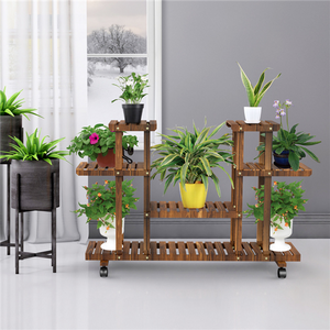 4-Tier 6-Shelf Rolling Wooden Flower Display Stand for Indoors or Outdoors