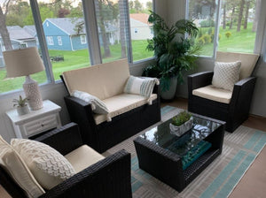 Wicker Set 4 Piece Outdoor Patio Sectional Furniture Cushioned Sofa Armchairs Glass Top Table New