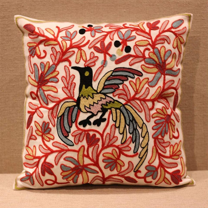 18"x18" Embroidered Boho Pillow Cover | Handmade, Bohemian,Floral, Bird Patterns, Invisible Zipper