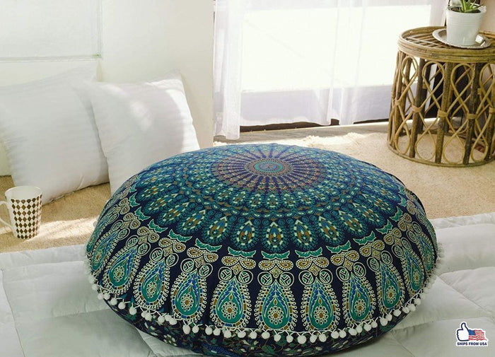 Large Hippie Mandala Floor Pillow Cushion Cover Only Pouf Round Bohemian Yoga Decor 32"
