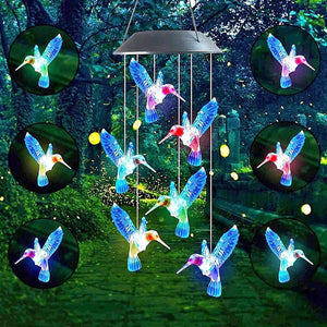 Blue Hummingbird Wind Chimes Color Changing Six Waterproof LED Solar Light