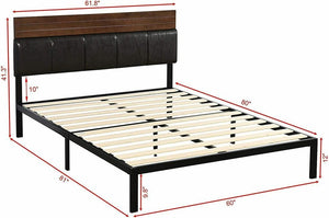 Queen Size Platform Bed Frame w/Wooden PU Leather Headboard Rustic Brown
