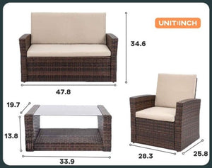 Wicker Set 4 Piece Outdoor Patio Sectional Furniture Cushioned Sofa Armchairs Glass Top Table New