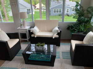 Wicker Set 4 Piece Outdoor Patio Sectional Furniture Cushioned Sofa Armchairs Glass Top Table New