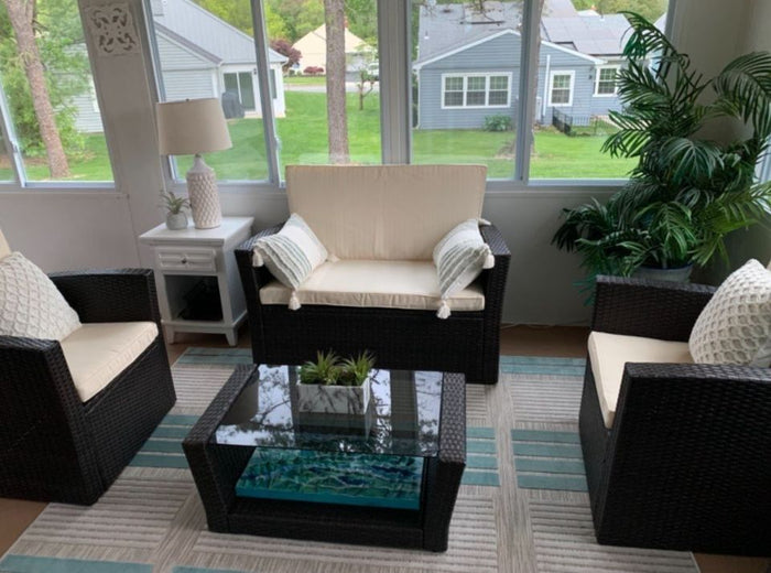 Wicker Set 4 Piece Outdoor Patio Sectional Furniture Cushioned Sofa Armchairs Glass Top Table New