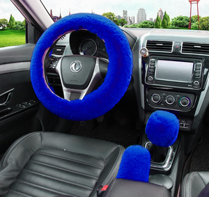 5pcs Car Accessories; 1 Set Faux Wool Steering Wheel Cover Soft Fluffy Handbrake Cover (Blue)
