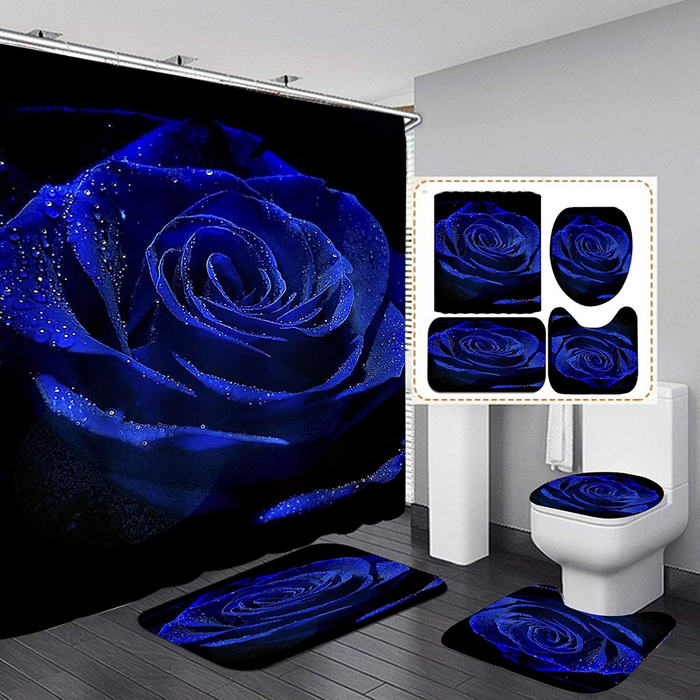 💦Set of 4 Royal Blue Rose Shower Curtain with Curtain Non-Slip Bath Rugs and Toilet Carpet