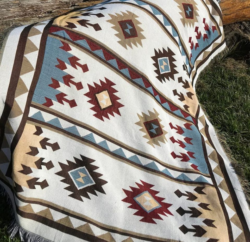 New Southwestern Boho Throw Blanket Reversible Woven Tassels | Outdoor Beach Travel 51"x63"