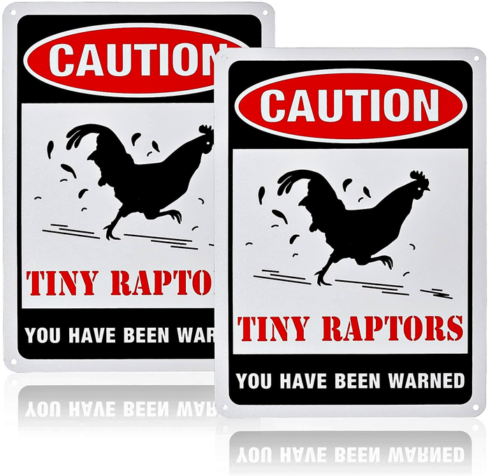 2 Pack 7x10 inches Aluminum Funny Chicken Coop Signs, Caution Tiny Raptors Sign