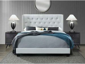 Brand New Queen Upholstered Panel Bed Frame w/ Diamond Tufted and Nailhead Trim Wingback Headboard