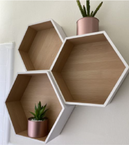 Set of 3 Floating Shelf Hexagon Honeycomb Wall Mounted Shelves Hanging Display, 14"