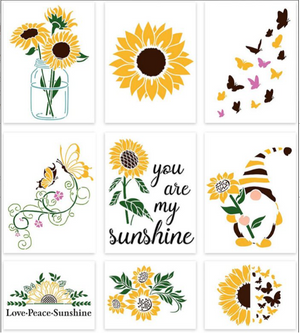 CLEARANCE! 9-pcs Sunflower Reusable Stencils Sunflowers Butterflies Gnome 8 X 11"