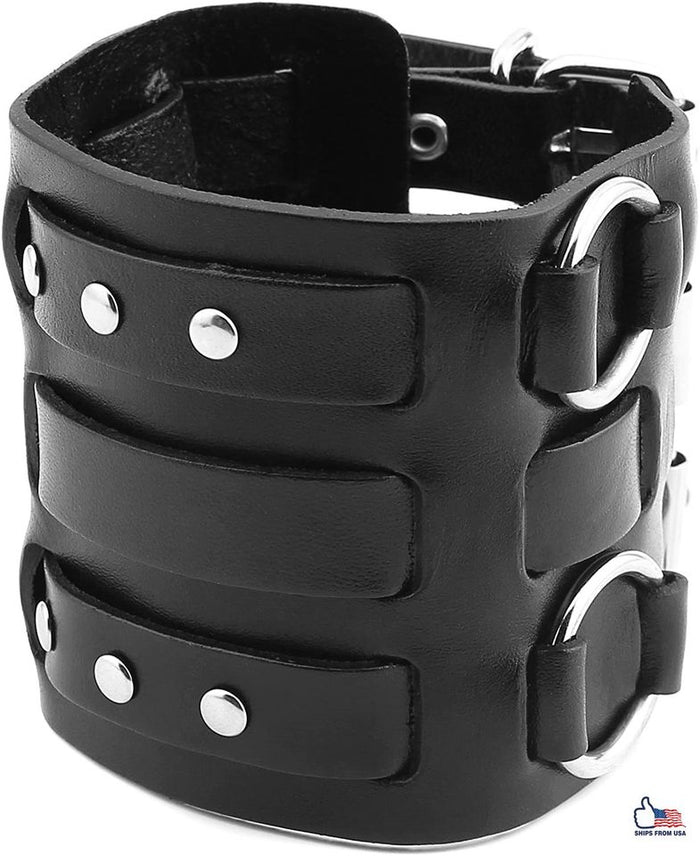 Adjustable Men's Alloy Ring Genuine Leather Bracelet Bangle Cuff Silver Tone