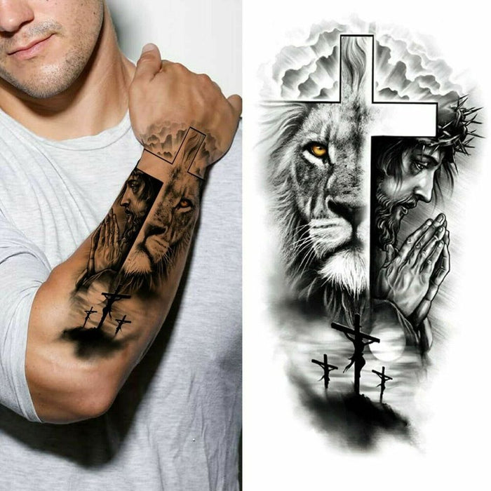 💯NEW💯2 Sheets Cross Lion Waterproof Temporary Tattoo Sticker Fake Tatoo Body Art Arm Men Women