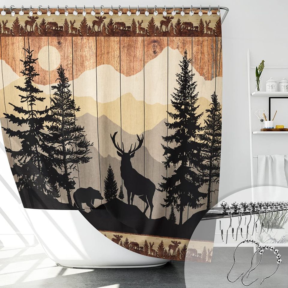 Shower Curtain with 12 Metal Hooks, Country Cabin Rustic Wood Deer Bear Forest 72x72 Inch