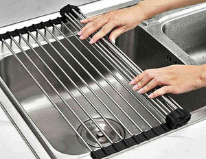 Extra Large Over the Sink Drying Rack Stainless Steel Roll-Up Dish Food Drainer-16.9x10.2x0.4