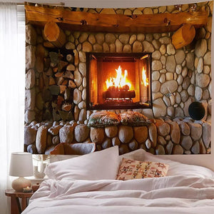 Retro Fireplace Tapestry Art Stove Wall Hanging Room Bedspread Decor (59 x 51 inches)