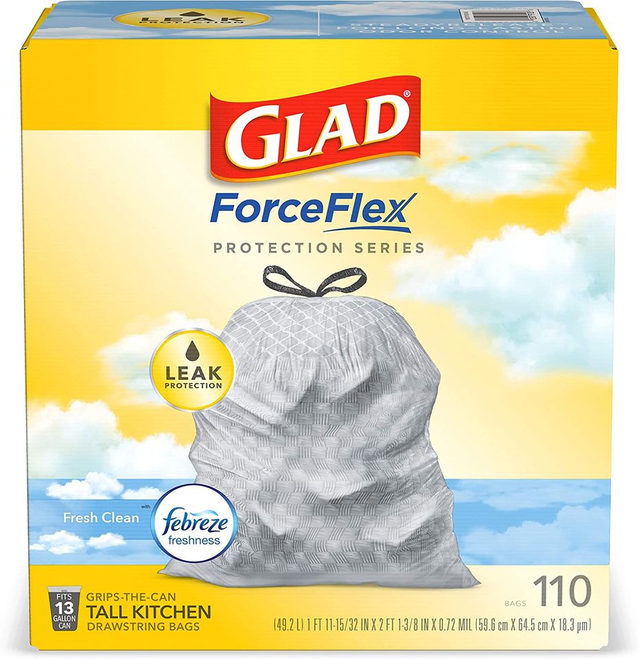 ��Glad ForceFlex Tall Kitchen Drawstring Trash Bags, 13 Gal, Fresh Clean Scent with Febreze, 110 Ct