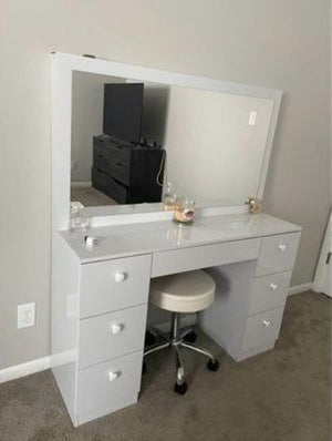 New! 56" High Modern Vanity Table With Mirror And 7 Drawers, White Finish