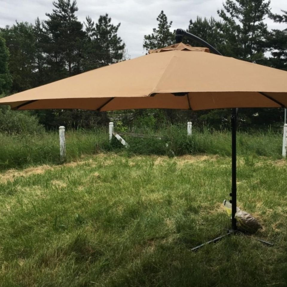 10' Ft Hanging Patio Umbrella Outdoor UV Resistant Sun Shade Offset With Cross Base Tan 06/22A