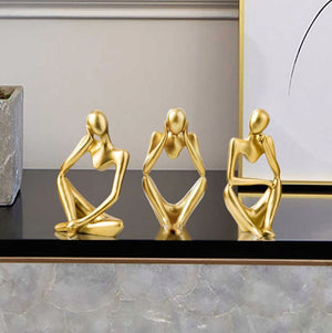 Omg! Look! New- Gold Decor Abstract Thinker Statue Art Sculpture Set of 3 Golden