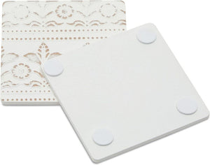 Set of 6 Shabby Chic Farmhouse White Floral Wood Coasters with Holder