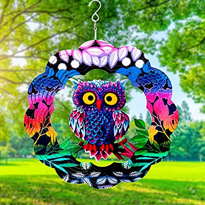 Wind Spinner Garden Decor 3D Stainless Steel Metal Sculptures Owl Kinetic Hanging Whirligig Decorations 12 Inch Windmill，Uitable for Yard Art