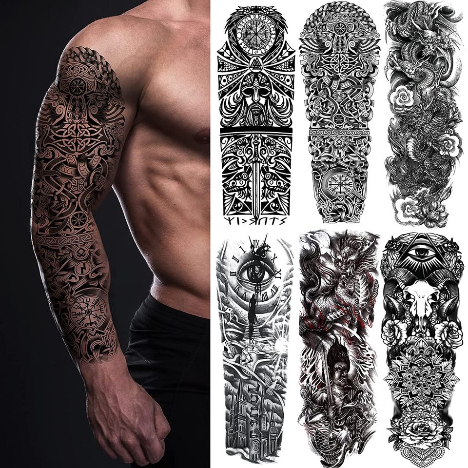 💯NEW💯6 Sheets Large Tribal Totem Temporary Tattoo Sleeves for Men, Waterproof Black TotemWords